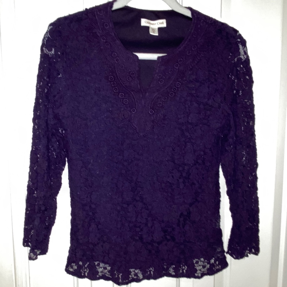 Coldwater Creek Lace Blouse 3/4 sleeve Size XS Jewel Violet Purple, Detailed